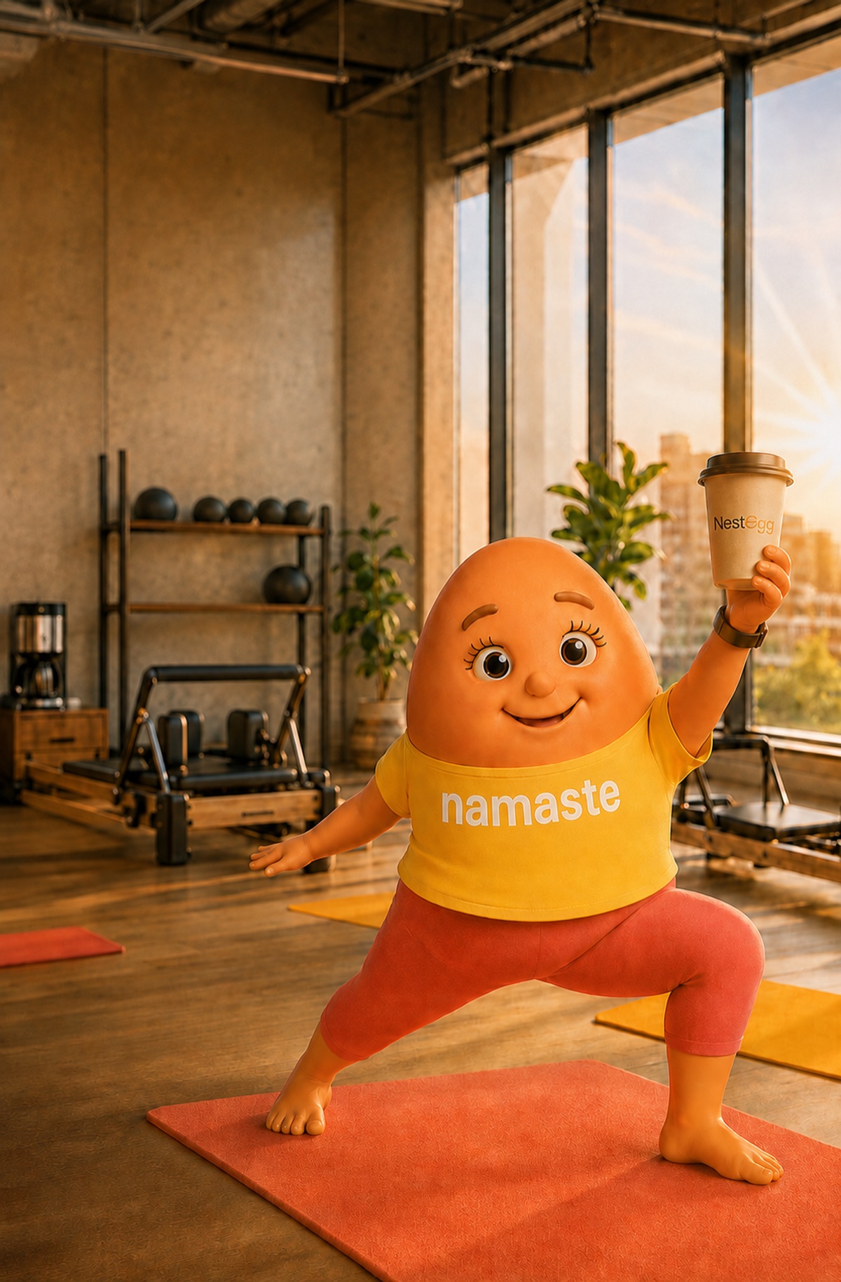 NestEgg character in a warrior pose on a Pilates mat, holding a NestEgg coffee cup